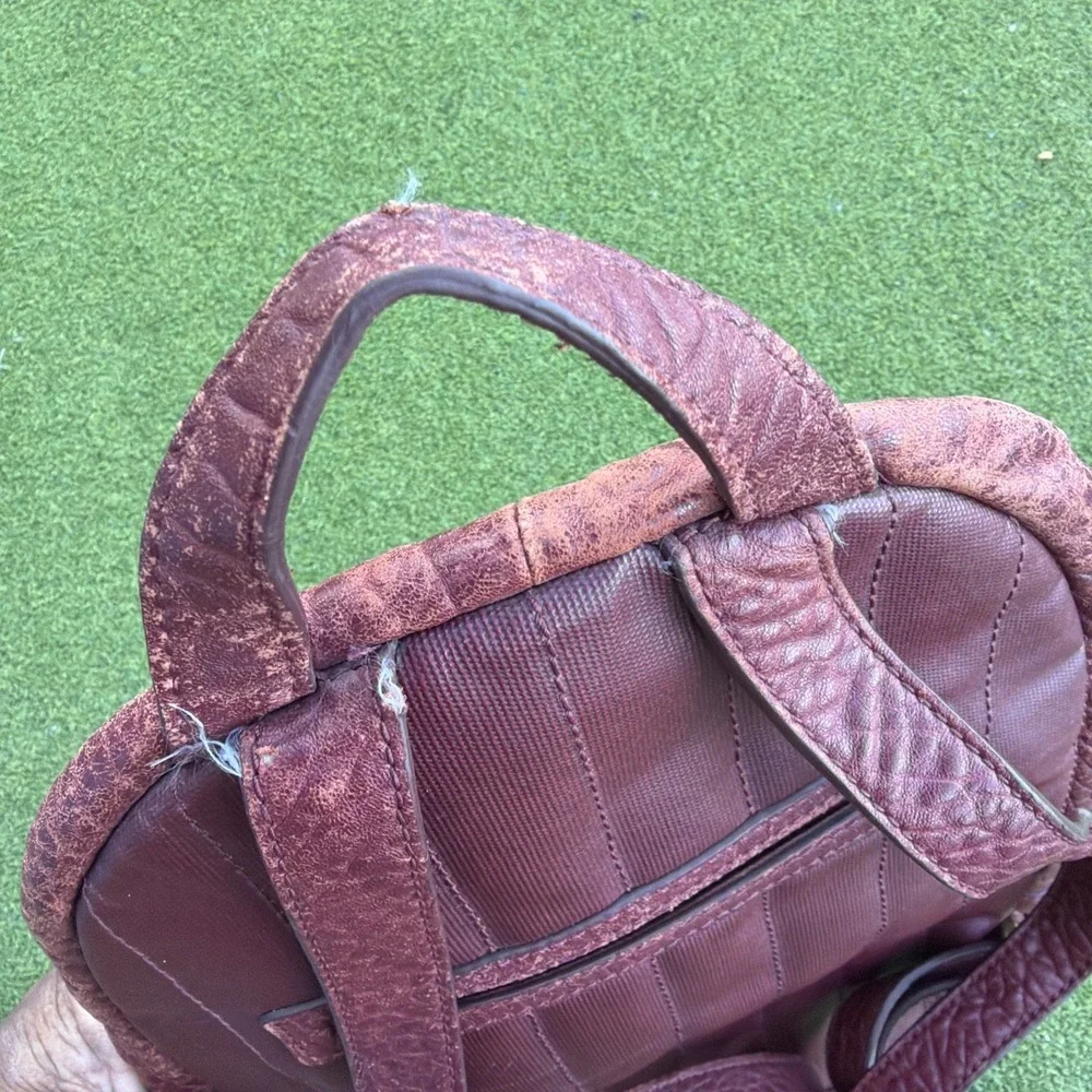 Fossil Textured Min Backpack Dark Red Lamb Hide Leather Gold Zippers Vintage